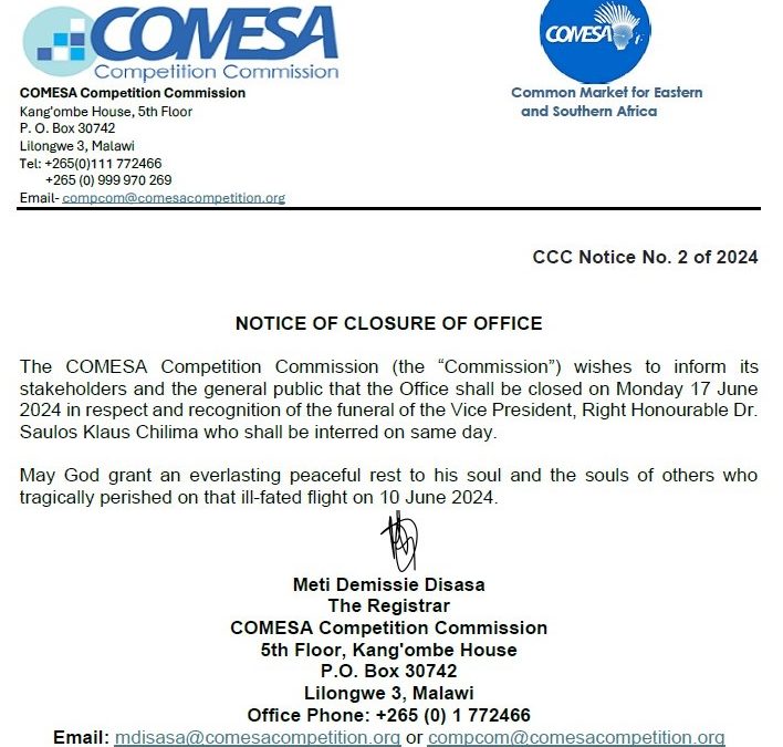 NOTICE OF CLOSURE OF OFFICE